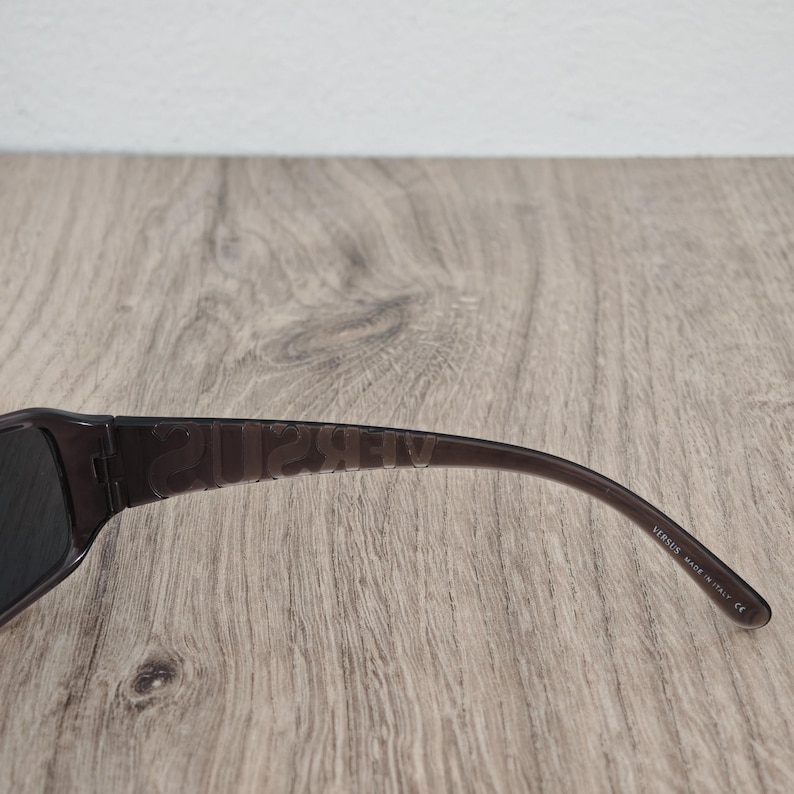 Puede incluir: Gafas de sol de color marr&oacute;n oscuro con montura transl&uacute;cida y la palabra VERSUS grabada en letras may&uacute;sculas grandes a lo largo de la patilla. El interior de la patilla muestra el texto blanco VERSUS MADE IN ITALY CE cerca de la curva.