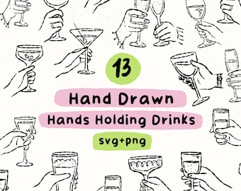 Prost Clipart Bundle, handgezeichnete Hände, die Getränke halten, Cocktail Champagner Symbole PNG SVG