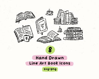 Hand-Drawn Book Icons 8 Line Art Book Doodles Reading & Library Clipart PNG SVG
