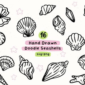 May include: Hand-drawn doodle seashells in black outline on a white background. The image includes 16 different seashell designs, along with pink stars. Text reads "16 Hand Drawn Doodle Seashells SVG+png".