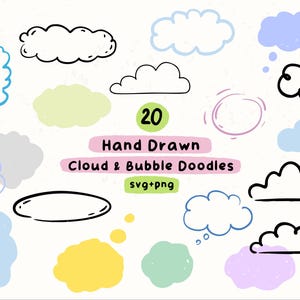 Może przedstawiać: Kolekcja 20 ręcznie rysowanych bazgrołów chmur i bąbelków w różnych kształtach i kolorach, w tym niebieskim, żółtym, zielonym i fioletowym. Wyświetlany jest tekst "Hand Drawn Cloud & Bubble Doodles".