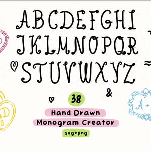 May include: A digital alphabet set featuring black hand-drawn capital letters A through Z, an ampersand, and symbols. Includes a pink heart frame with A&D, a yellow heart padlock with A&D, and a blue ornate frame with A+D. Text reads 38 Hand Drawn Monogram Creator svg+png.