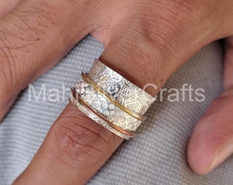 925 Sterling Silver Spinner Ring, Brass & Copper, Handmade Meditation Band