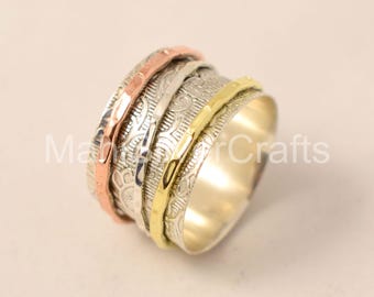 Sterling Silver Spinner Ring with Copper & Brass Bands - Handmade Meditation Ring