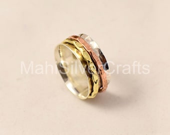 Handmade Sterling Silver Spinner Ring, Copper & Brass Meditation Ring