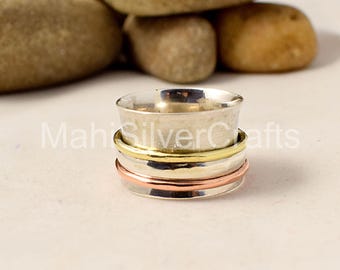 Sterling Silver Spinner Ring, Brass & Copper, Meditation Fidget Ring
