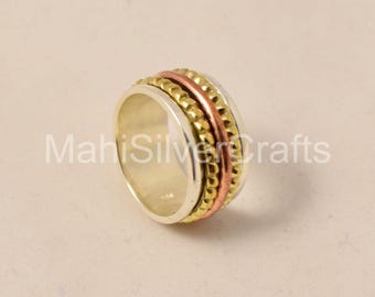 Sterling Silver Meditation Ring, Brass & Copper Spinner, Handmade Fidget Ring