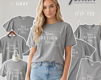 Comfort Farben T-Shirt Mockup | 1717 Schweres Modell | Amber (Hair Down) & Grau