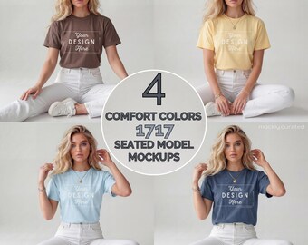 Comfort Colors 1717 TShirt Mockup | Sitzendes Modell Bundle (Digitaler Download) | Butter, Chambray, Denim, Espresso