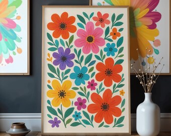 Colorful Flower Wall Art Print, Vibrant Botanical Illustration, Bright Bloom Art, Digital Download