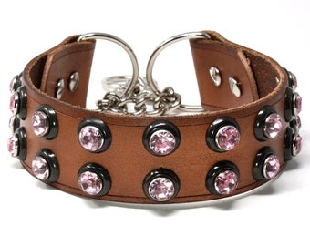 Bold Leather Martingale Dog Collar,  Leather Martingale Dog Collar. Bling Leather Collar, Made in USA, All sizes.