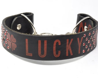 Lucky Dog Collar,  Lucky Brand Dog Collar, Martingale Dog Collar. Bling Leather Collar, Made in USA, Medium  to Large