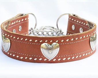 XL Martingale Leather Dog Collar, Hearts Leather dog Collar,  Large Dog Leather Collar, Made in USA, Size XL 19 - 21" inches One of a Kind