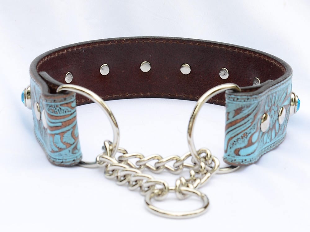 Martingale Leather Dog Collar Leather Chain Collar. Turquoise Etsy UK
