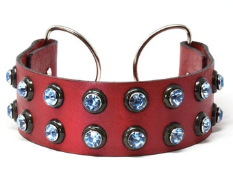 One of a Kind - Red Leather Martingale Dog Collar, Rhinestone Leather Collar, Red Dog collar, Custom Sizes.