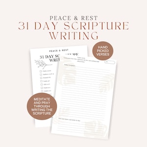 Puede incluir: Dos páginas de papel blanco con el texto "PEACE & REST 31 DAY SCRIPTURE WRITING". Una página tiene una lista de verificación, la otra tiene espacio para escribir con líneas. También se ve el texto "HAND PICKED VERSES" y "MEDITATE AND PRAY THROUGH WRITING THE SCRIPTURE".