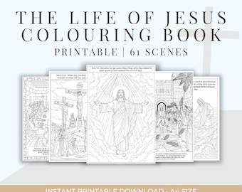 May include: A printable coloring book titled "The Life of Jesus Coloring Book" with 61 scenes. The cover features the title in a serif font, with the words "Printable" and "61 Scenes" below. The book includes line drawings of biblical scenes.