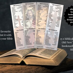 May include: An open book with several bookmarks featuring the Old and New Testament. The bookmarks have a list of books and the text "Faith & Focus". The image also includes text that says "Affordable, beautiful bookmarks for your Bible. 15 designs for you to pick from."
