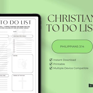 May include: A digital Christian to-do list displayed on a tablet. The list includes sections for tasks, prayers, notes, and a daily verse. The text "Christian To Do List" is displayed in a decorative font. The image also includes the text "Philippians 3:14".