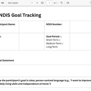 Könnte beinhalten: Ein weißes Dokument mit dem Titel "NDIS Goal Tracking" mit Feldern für Teilnehmerinformationen, Zielperiode und eine Zielerklärung. Das Dokument enthält Kontrollkästchen für kurz-, mittel- und langfristige Ziele. Das Dokument dient der Zielverfolgung.