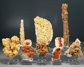 May include: A collection of various mineral specimens, including stalactites and crystal clusters in shades of yellow, orange, and brown. Each specimen is mounted on a clear acrylic stand with a base labeled Stalactite, displaying unique textures.