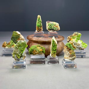 May include: A collection of eight Pyromorphite mineral specimens, each mounted on a clear acrylic base with a label reading Pyromorphite, Daoping Lead-Zinc Mine, Guangxi, China. The green, crystalline mineral clusters vary in shape and size.