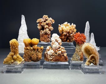 Op de afbeelding: Een verzameling van diverse mineralen met het label Stalactite op transparante acrylvoeten. De display bevat kristallijne formaties in tinten amber, wit en oranje, naast doorschijnende witte stalactietpunten van verschillende hoogtes.