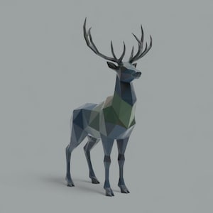 May include: A geometric, low-poly style deer sculpture in shades of blue, green, and gray. The stag has large antlers and stands on four legs against a gray background. The sculpture is a modern take on a classic animal form.