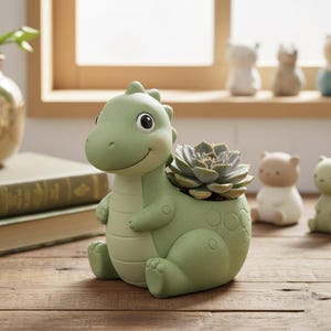 May include: A light green dinosaur-shaped planter with a smiling face, holding a succulent plant. The planter is made of ceramic and has a textured surface. Other small animal figurines are in the background. The planter is approximately 15 cm tall.