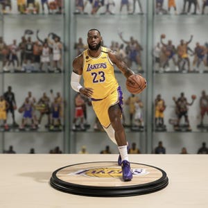 May include: A figurine of a basketball player in a yellow and purple jersey with the number 23, dribbling a basketball. The figurine is on a wooden base with the Lakers logo and a black border. Other figurines are in the background.