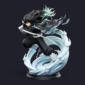 May include: A dynamic figurine of a character in a black outfit, poised with a sword. The figure has long black hair with green tips and is surrounded by a swirling, light blue water effect. The base is black.