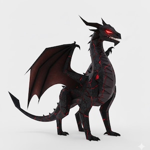 May include: A black dragon figurine with red accents and glowing red eyes. The dragon has large wings, sharp claws, and a long tail. The dragon's body has a cracked texture.