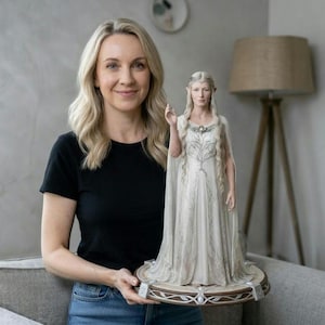 May include: A detailed figurine of a woman in a white gown with long, flowing hair and a crown. The figurine is on a decorative base with silver accents. The woman is holding the figurine.