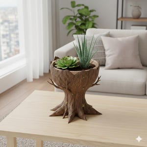 May include: A brown tree trunk-shaped planter with a textured surface, holding two green succulents. The planter sits on a light wood table in a living room setting. The planter has a unique, naturalistic design.