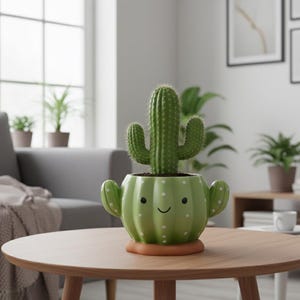 May include: A green cactus plant in a decorative, smiling cactus-shaped pot with white polka dots. The pot sits on a round, wooden table. The cactus has a tall, green, spiky appearance. The background includes a couch, plants, and framed artwork.