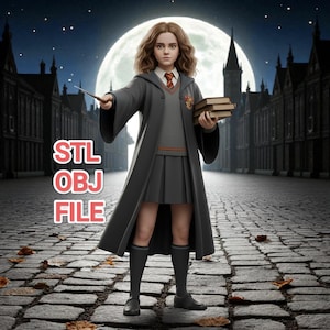 May include: A digital illustration of a character from a fantasy series, wearing a gray school uniform, holding a wand and books. The character stands on a cobblestone path with autumn leaves, under a full moon. The text "STL OBJ FILE" is visible.