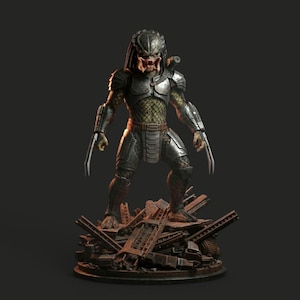 May include: A detailed figurine of the Predator, a science fiction character, standing on a pile of debris. The figure is clad in metallic armor with sharp claws extended. The Predator's head features a distinctive mask and dreadlocks, with a menacing expression.