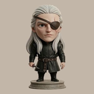 May include: Figurine of a character with long white hair, an eye patch, and a facial scar. The figure is dressed in a black leather-style outfit and holds a small dagger. It stands on a stone-effect base.
