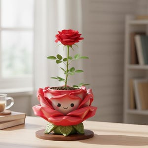 May include: A red rose plant in a whimsical, rose-shaped planter. The planter is a vibrant red with a smiling face design. The plant sits on a wooden base, creating a charming decorative piece. The rose is in full bloom.