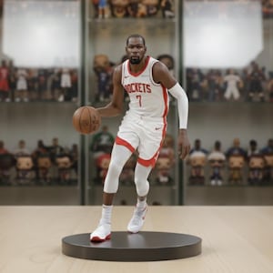 May include: A figurine of a basketball player in a white and red uniform, dribbling a basketball. The figurine is on a black circular base. The uniform has the word "ROCKETS" and the number "7" on it. The background has shelves filled with other figurines.
