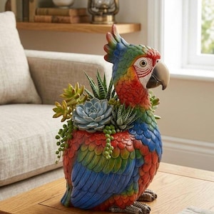 May include: A colorful parrot-shaped planter, featuring a vibrant array of red, blue, green, and yellow hues. The ceramic bird holds a variety of succulents. The planter is a decorative item for indoor or outdoor use.