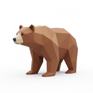 May include: A brown geometric bear sculpture with a polygonal design. The bear is standing on all fours, with a light beige snout and black nose. The sculpture is a solid color and has a modern, minimalist aesthetic.