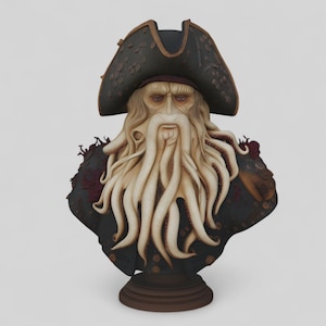 Pode incluir: Busto detalhado de Davy Jones, personagem da série de filmes Piratas das Caraíbas. O busto apresenta um chapéu de três pontas, uma barba de tentáculos e uma expressão severa. A escultura é pintada em tons de castanho, preto e creme.