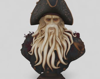May include: A detailed bust of Davy Jones, a fictional character from the Pirates of the Caribbean film series. The bust features a tricorn hat, a beard of tentacles, and a stern expression. The sculpture is painted in shades of brown, black, and cream.