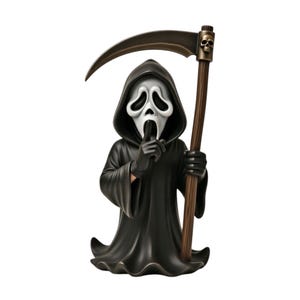May include: A black figure in a hooded robe with a white mask, holding a scythe. The figure is gesturing for silence with a finger to the lips. The scythe has a brown handle and a skull detail.