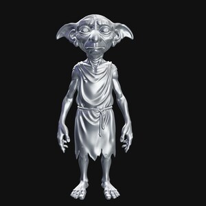 May include: A silver-colored statue of a fantasy creature with large ears, a wrinkled face, and a draped tunic. The figure is standing with its arms at its sides, and its feet are visible. The background is solid black.
