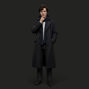 May include: A figure in a long black coat with a pinstripe design, a dark blue scarf, and black pants. The figure is standing with one hand on their chin, and the other in their pocket. The background is a solid dark gray.