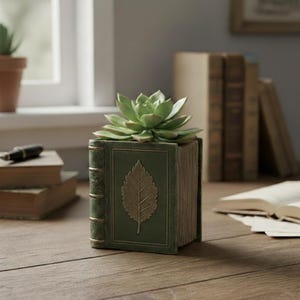 Pode incluir: Uma planta suculenta verde em um vaso em forma de livro. O vaso é verde desgastado com um desenho de folha dourada na frente. A suculenta tem folhas verde claro. O vaso está em uma superfície de madeira.