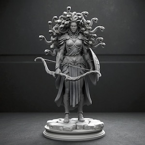 May include: A grey statue of Medusa, a mythological figure, holding a bow and arrow and a shield. The statue features intricate details, including snakes for hair and armour. The figure stands on a stone base.