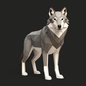 May include: A geometric, low-poly wolf sculpture in shades of grey, white, and brown. The wolf stands on four legs, with a detailed polygonal design. The background is a solid dark grey.